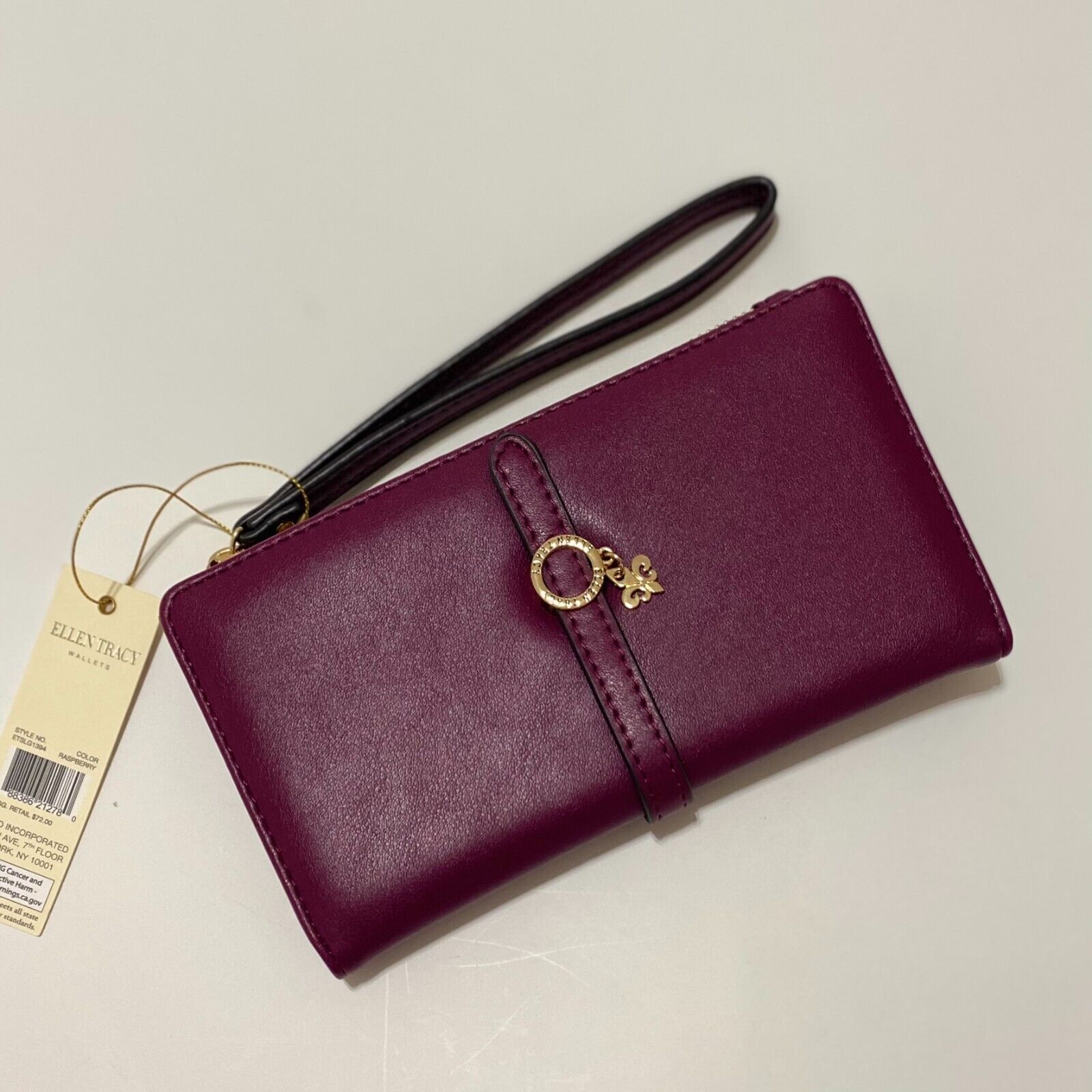 Ellen Tracy Smooth Vachetta Zippered Bi Fold Wristlet Wallet Raspberry Nwt